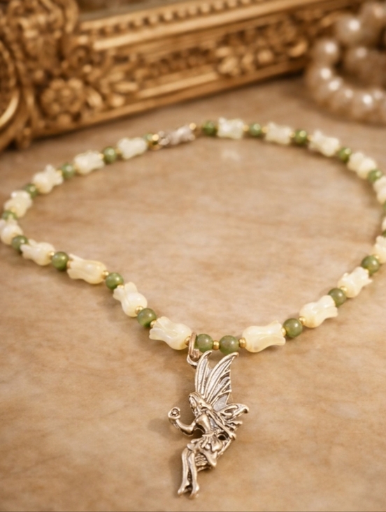 Vintage Jewelry - Vintage 1970s Lucite & Jade Beaded Necklace Fairy Pendant Green White Retro